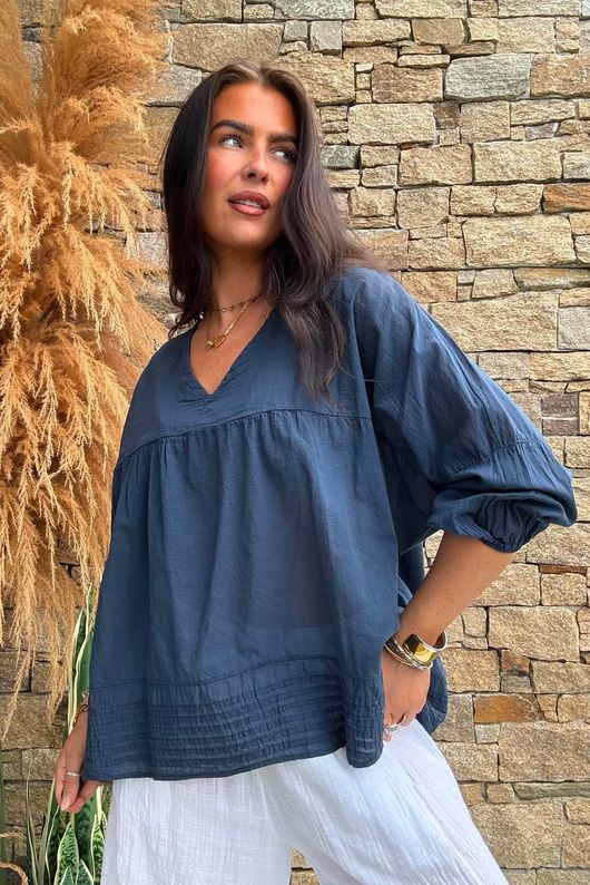 Prairie Pintuck Cotton Smock Navy